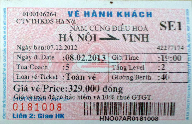 Vé tàu Hà Nội-Vinh - TSC - Công Ty TNHH Du Lịch Dịch Vụ & Thương Mại TSC